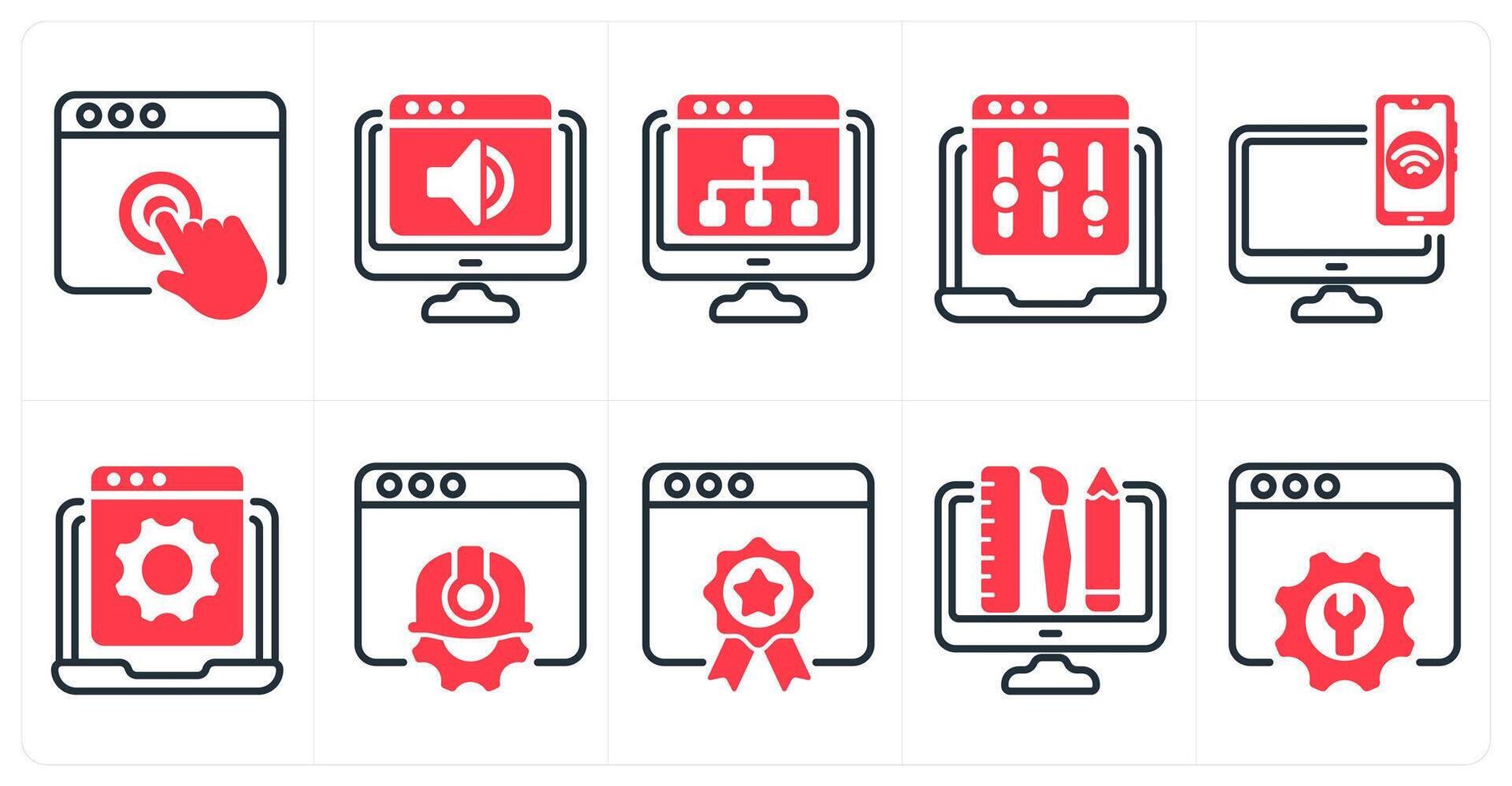 un conjunto de 10 seo íconos como tocar, sitio web audio, web jerarquía en rojo color vector