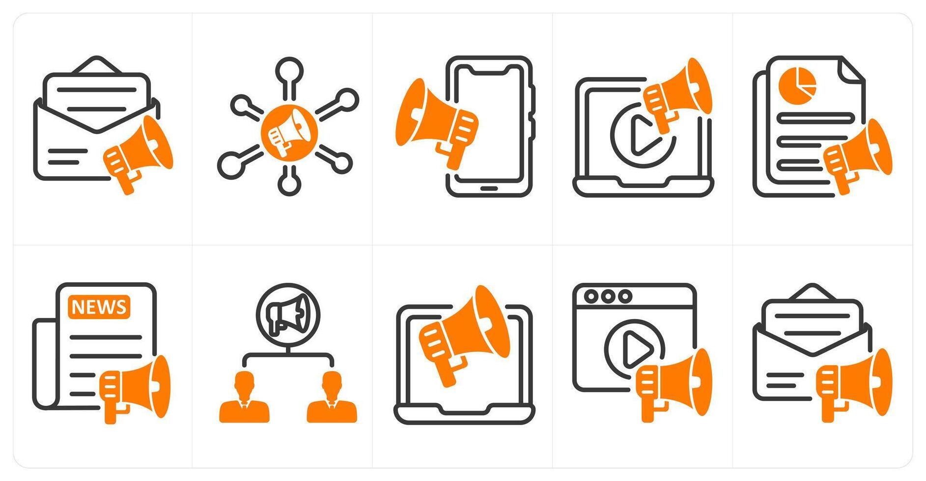 A set of 10 seo icons as email advertising, marketing network, mobile advertising in orange color vector