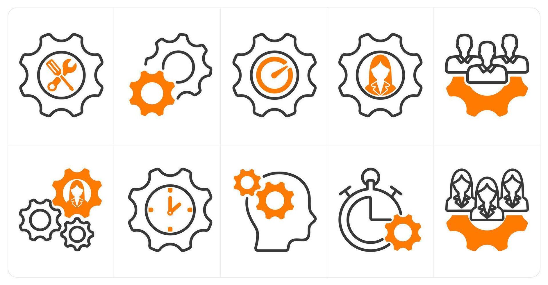 A set of 10 business icons as support, settings, performance, employee management in orange color vector