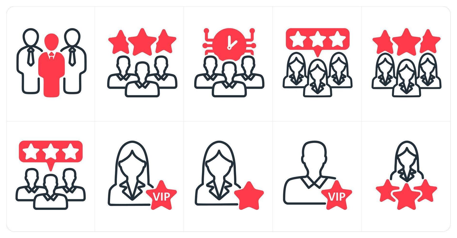 A set of 10 business icons as business group, expert team, time management in red color vector