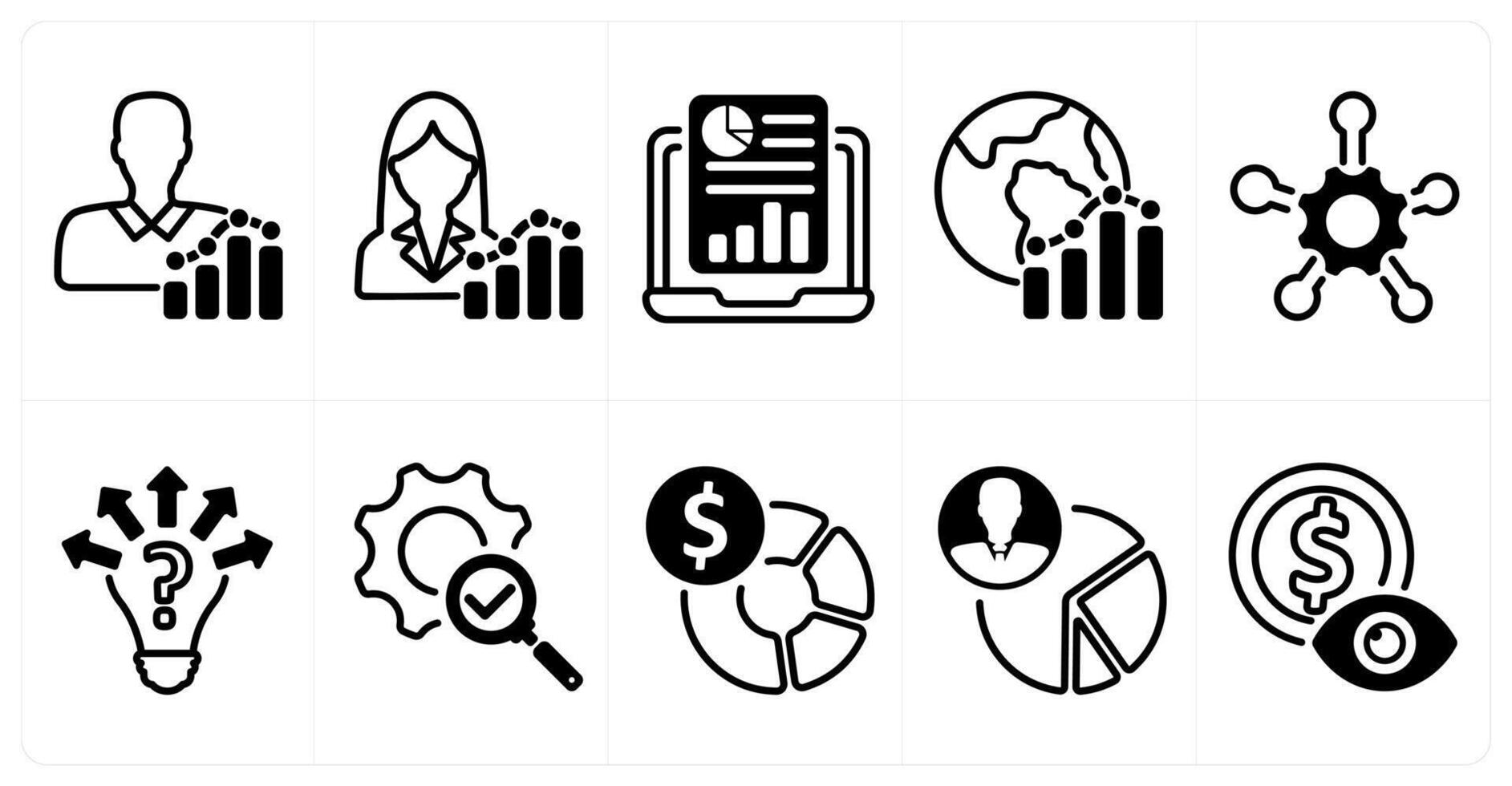 A set of 10 business icons as employee report, online report, global report in black color vector
