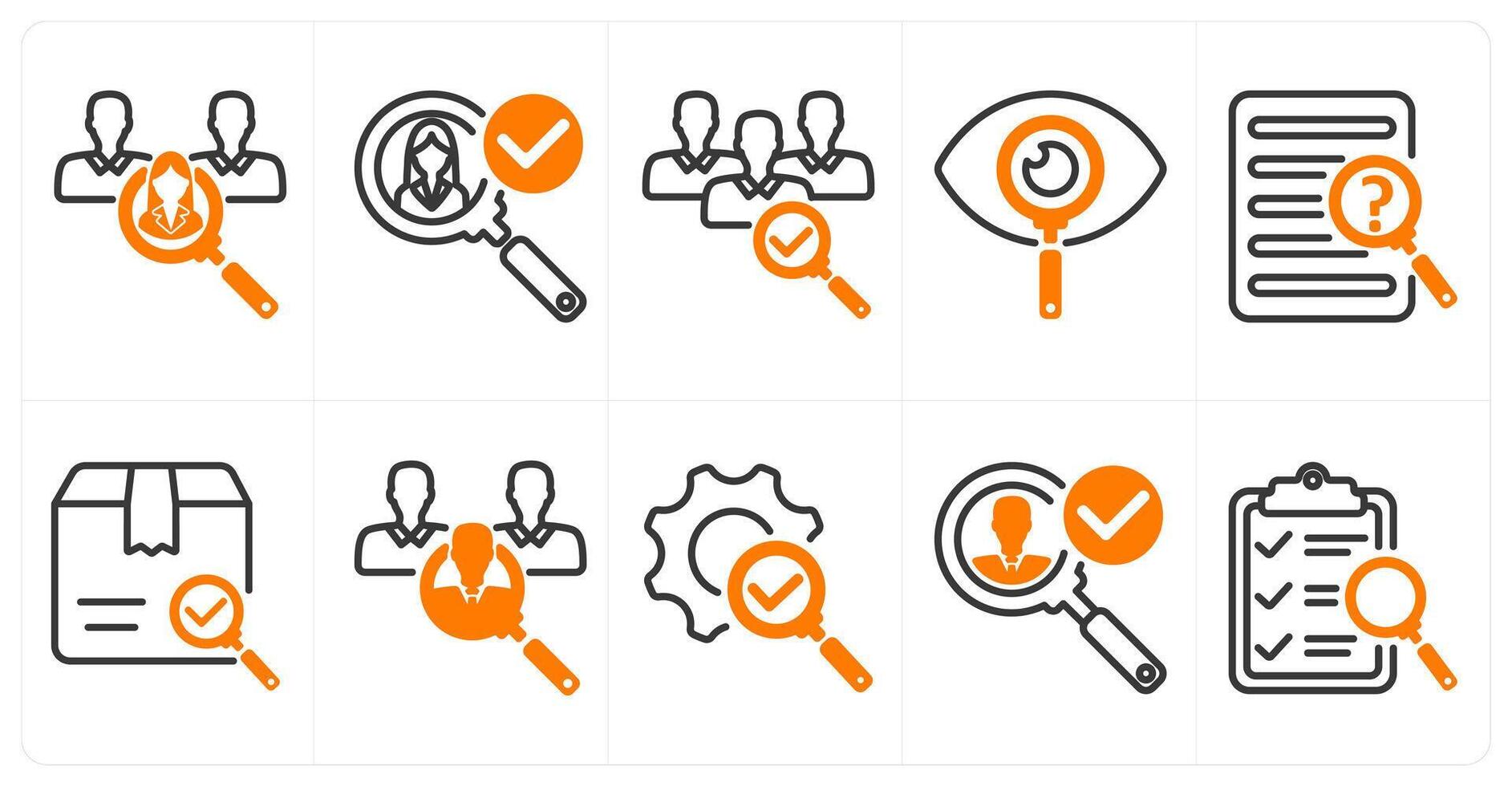 A set of 10 business icons as recruitment, find candidate, exploration in orange color vector