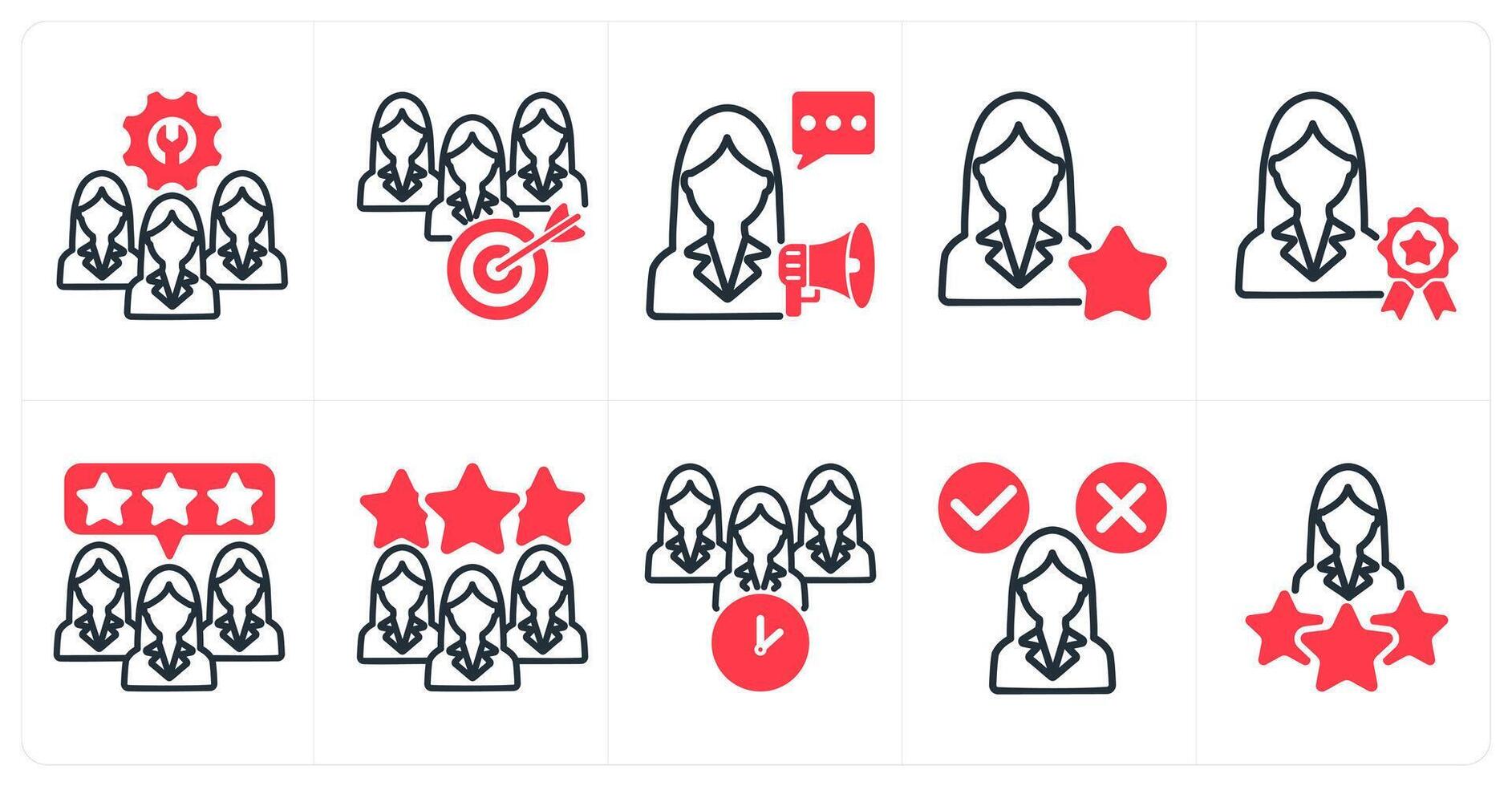 A set of 10 business icons as technical team, teamwork goal, announcement speech in red color vector