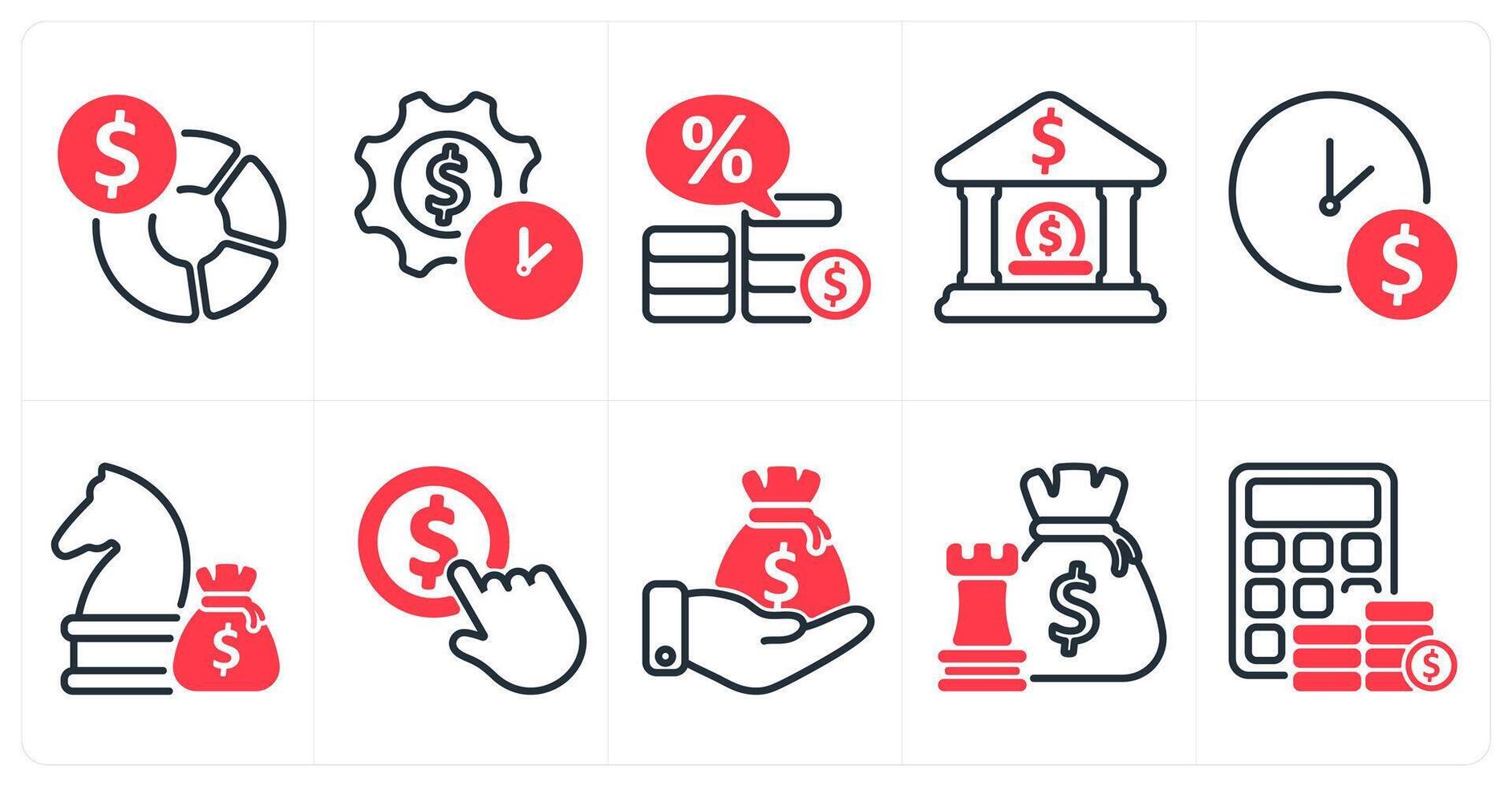 A set of 10 business and seo icons as busget planning, investment time plan, loan interest rate in red color vector