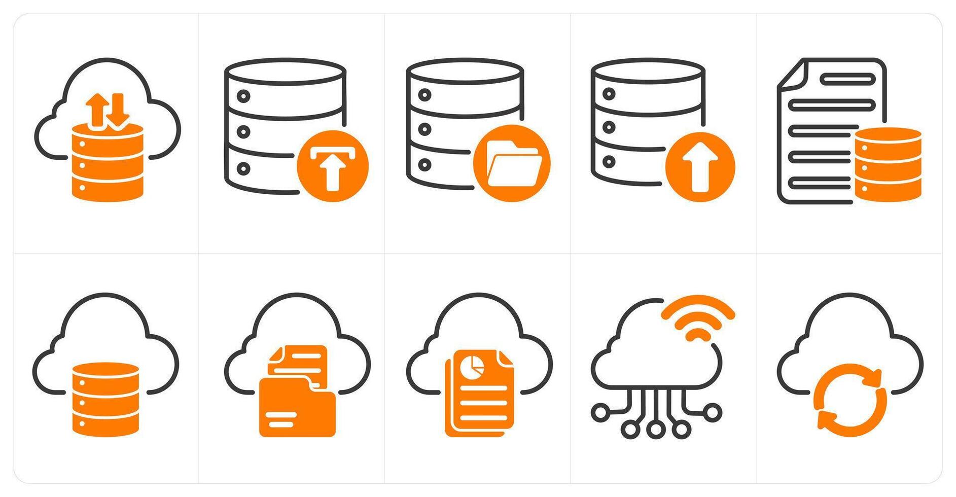 un conjunto de 10 seo íconos como nube almacenamiento, respaldo, datos almacenamiento en naranja color vector