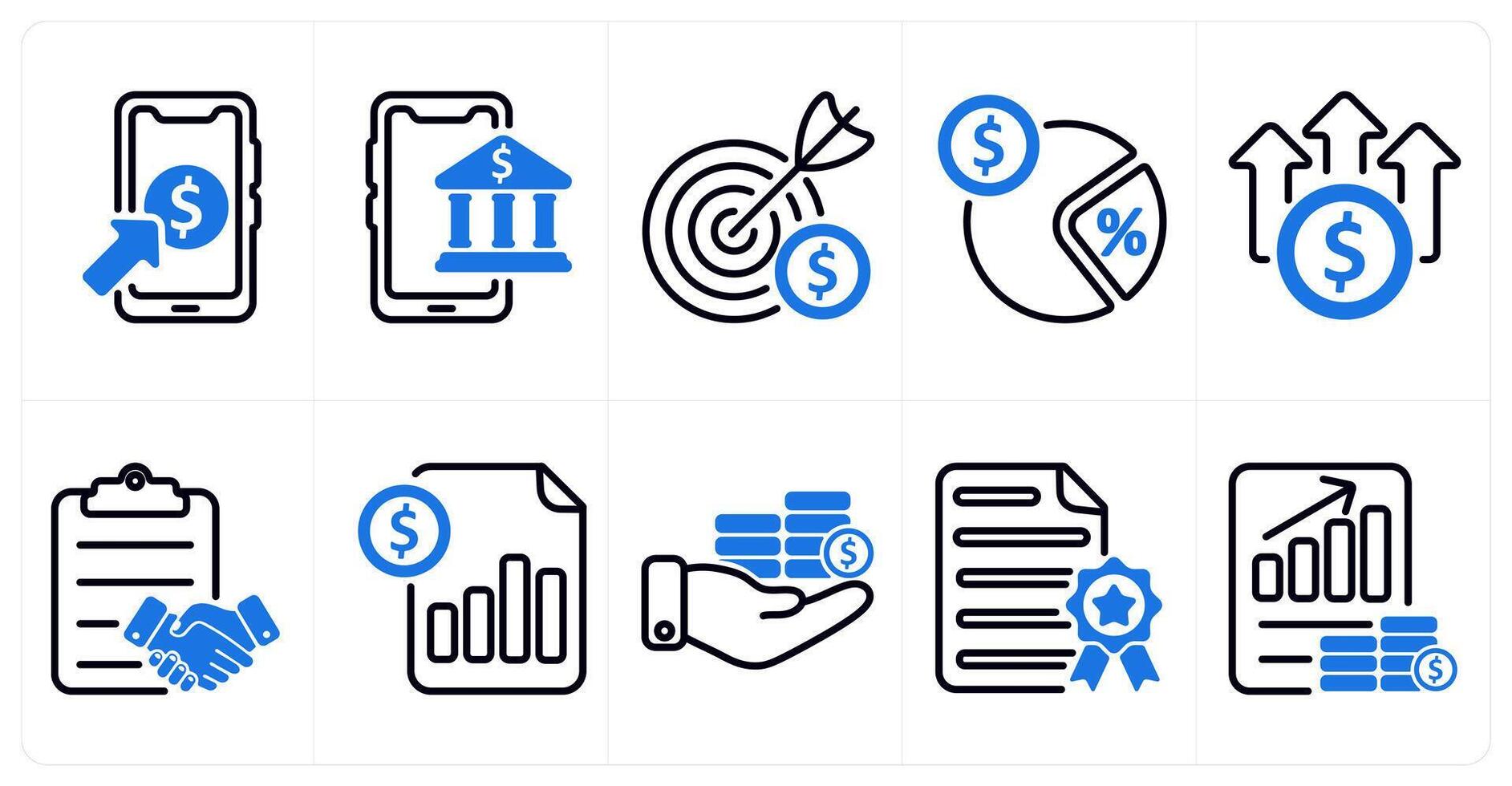 A set of 10 business and seo icons as pay per click, online banking, business target in blue color vector