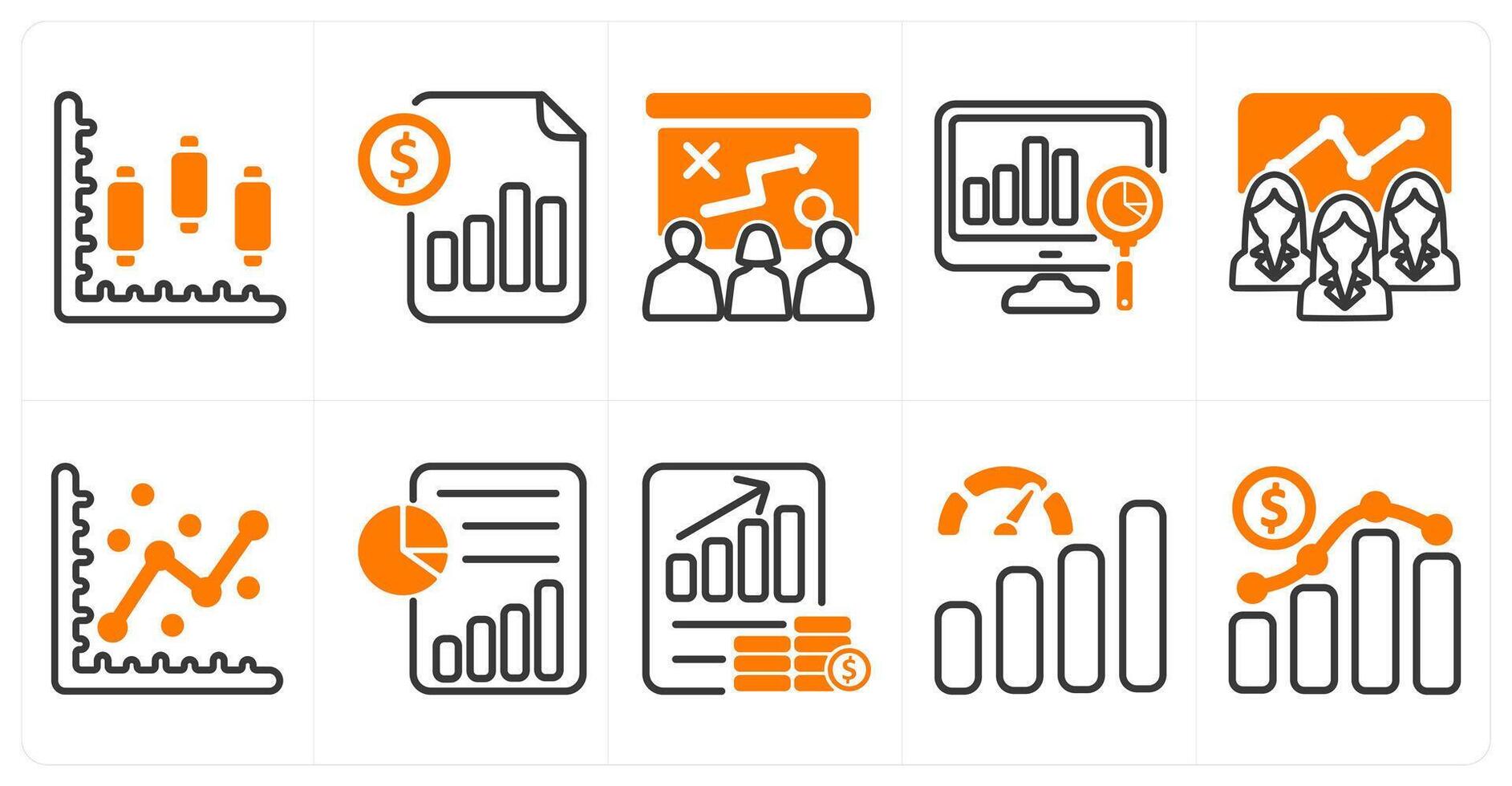 A set of 10 business icons as stock market, cost management, presenting tactics in orange color vector