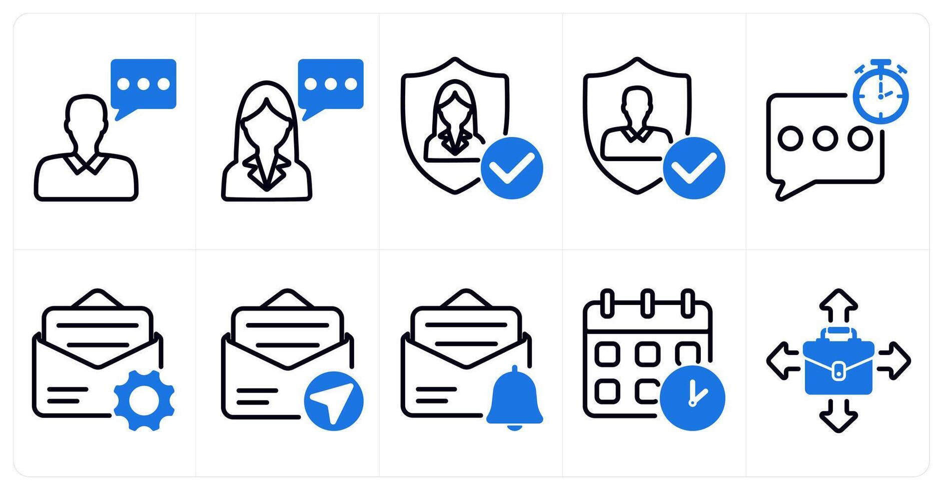 A set of 10 business icons as consultant, user protection, quick response in blue color vector