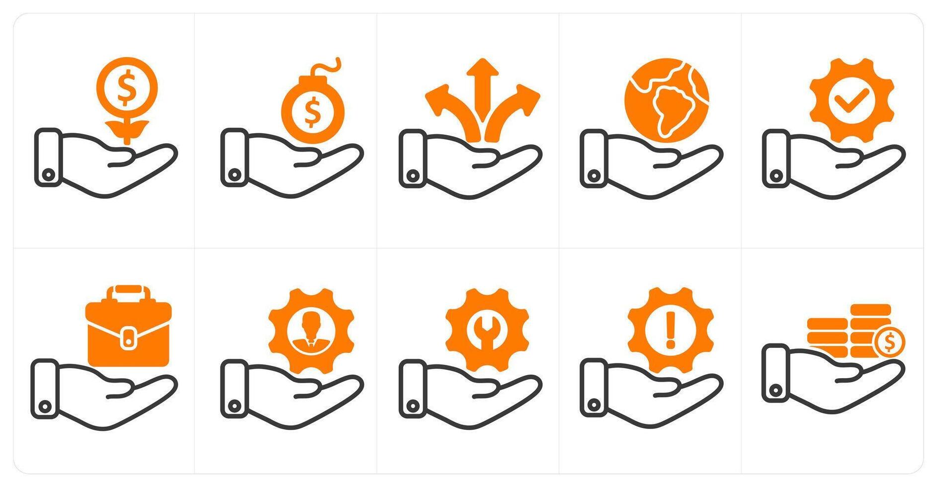 A set of 10 business icons as investment growth, debt, business direction in orange color vector