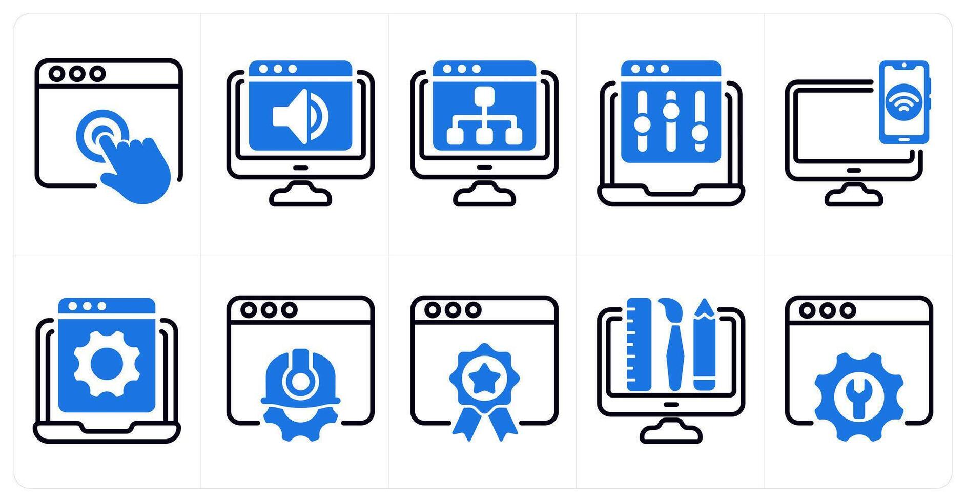 A set of 10 seo icons as touch, website audio, web hierarchy in blue color vector