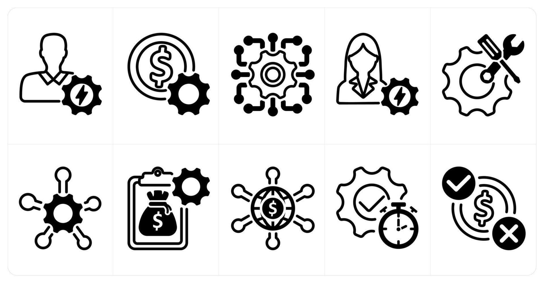 A set of 10 business icons as efiicient person, money setting, service network in black color vector