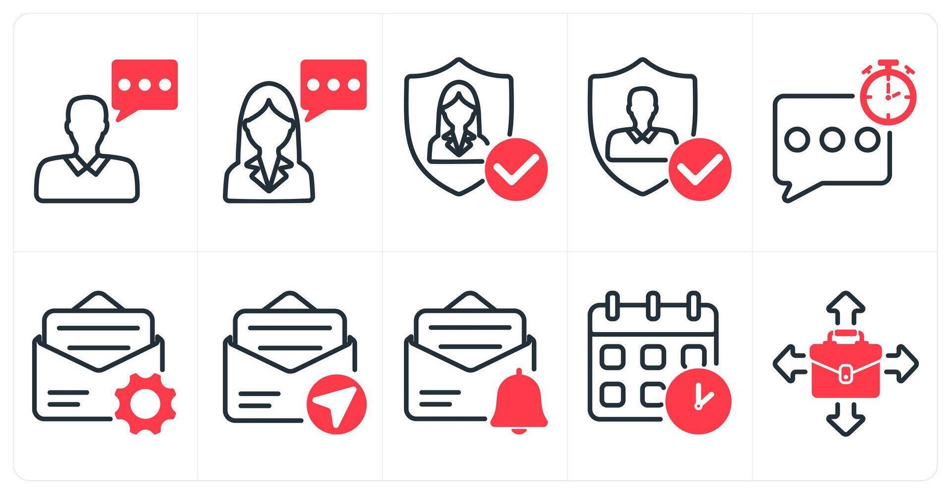 A set of 10 business icons as consultant, user protection, quick response in red color vector