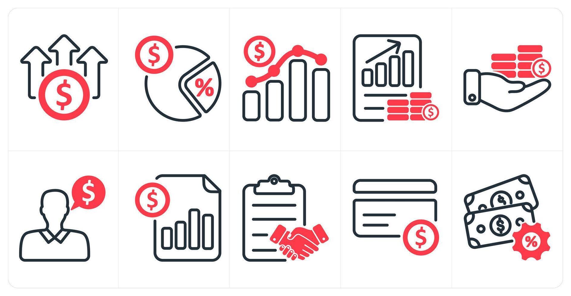 A set of 10 business and seo icons as high cost, tax rate, business growth, profit report in red color vector