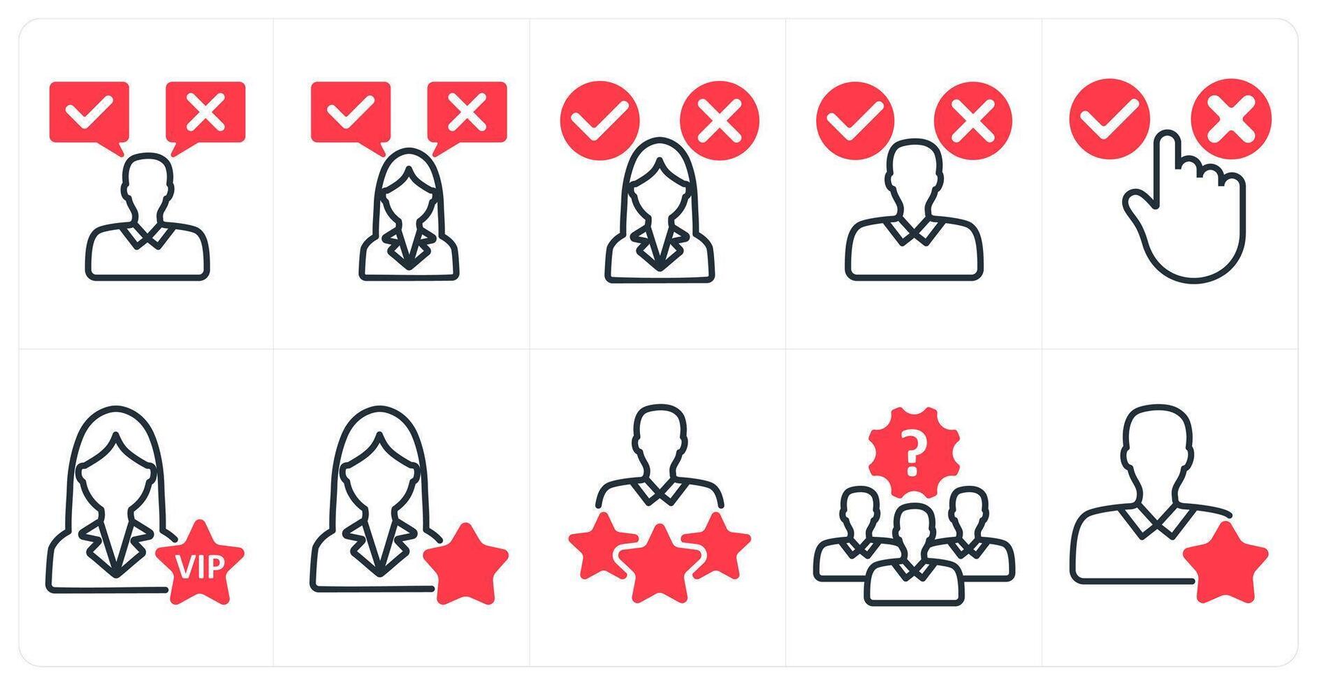 A set of 10 business icons as decision, decision making confusion, vip user in red color vector