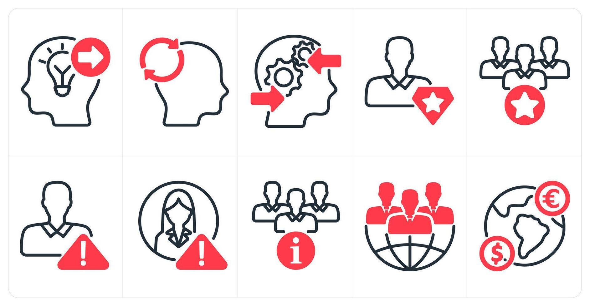 A set of 10 business icons as keyword forward, mind reload, decision making process in red color vector