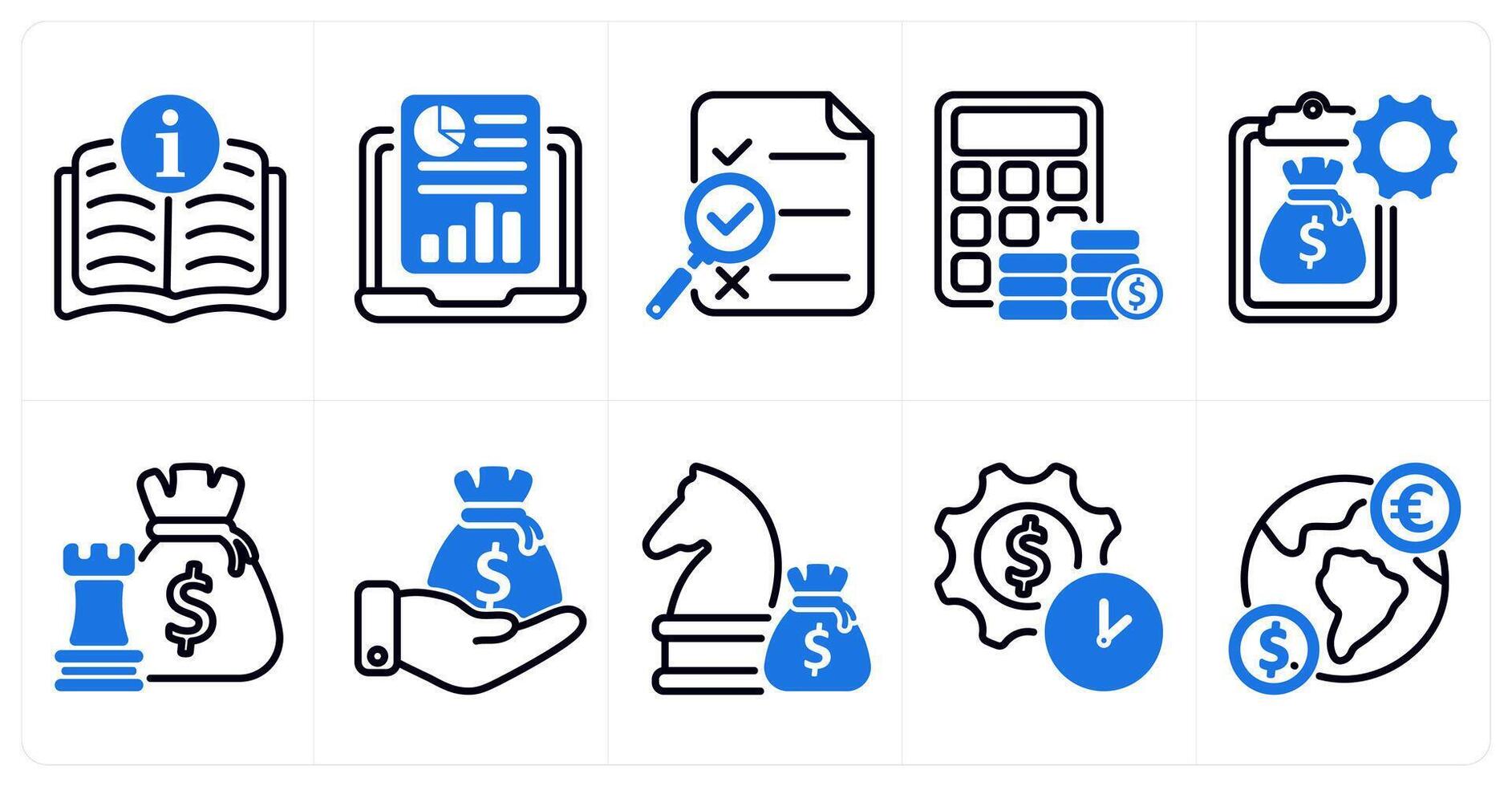 A set of 10 business icons as manual, online report, search report in blue color vector