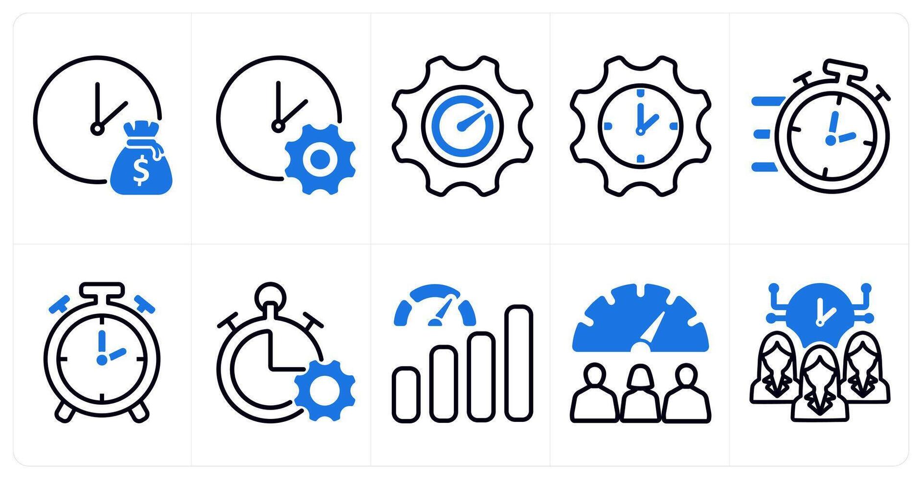 A set of 10 business icons as time is money, time management, performance in blue color vector