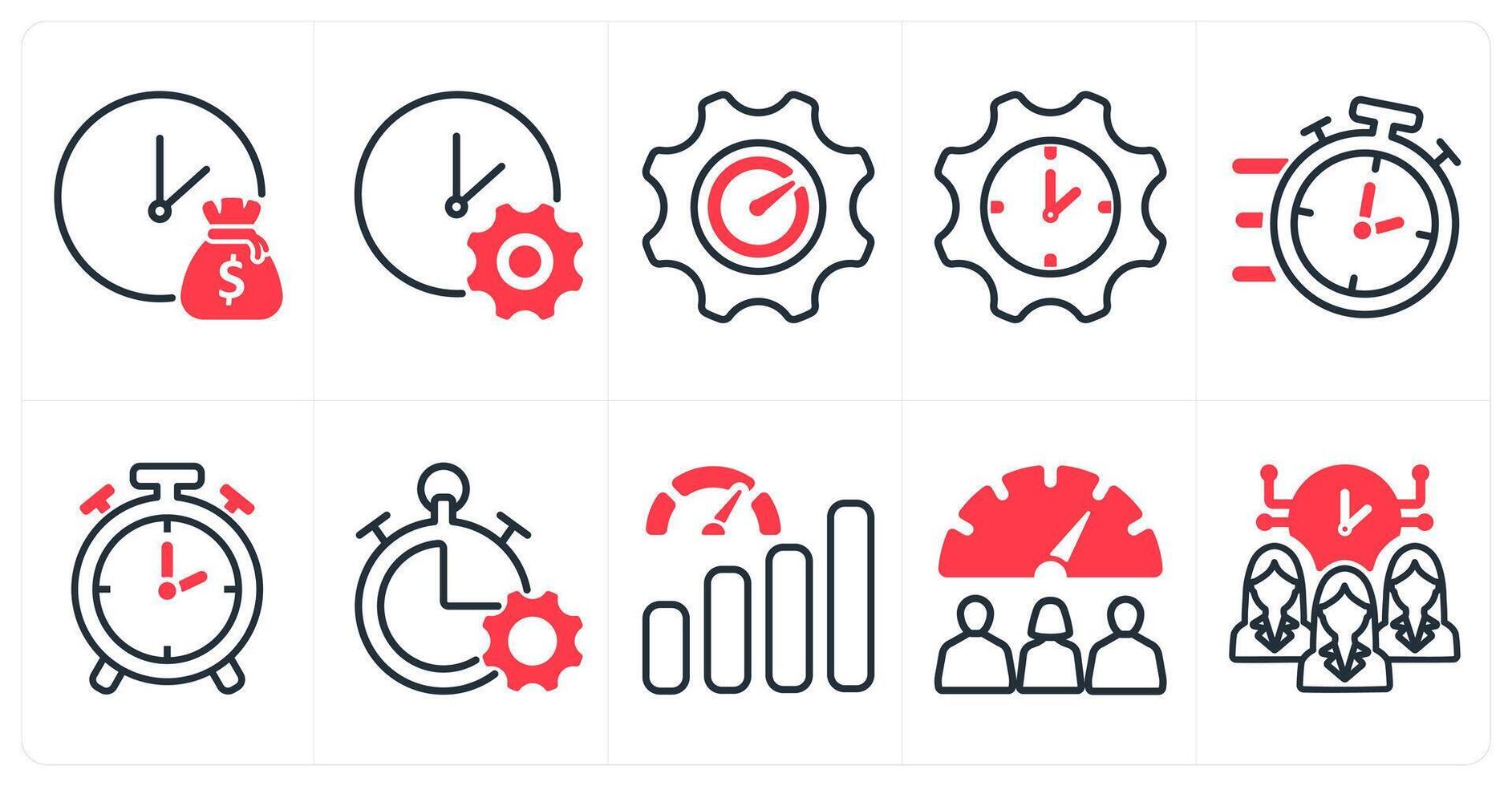 A set of 10 business icons as time is money, time management, performance in red color vector