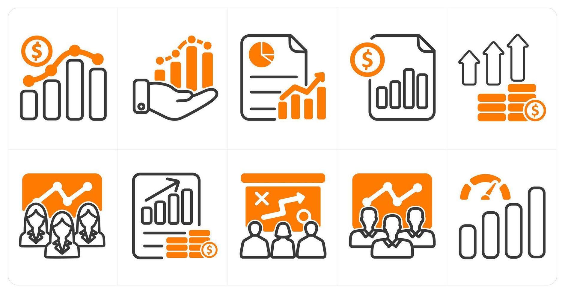 A set of 10 business icons as business growth, business progress, cost statement in orange color vector