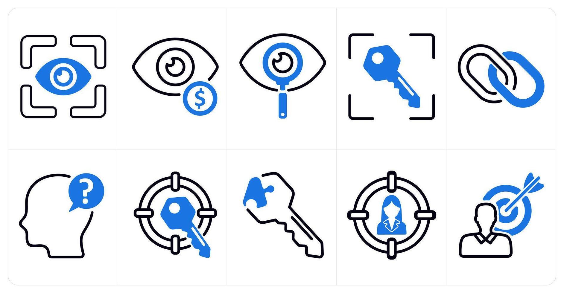 A set of 10 business icons as vision, financial vision, exploration, target key in blue color vector