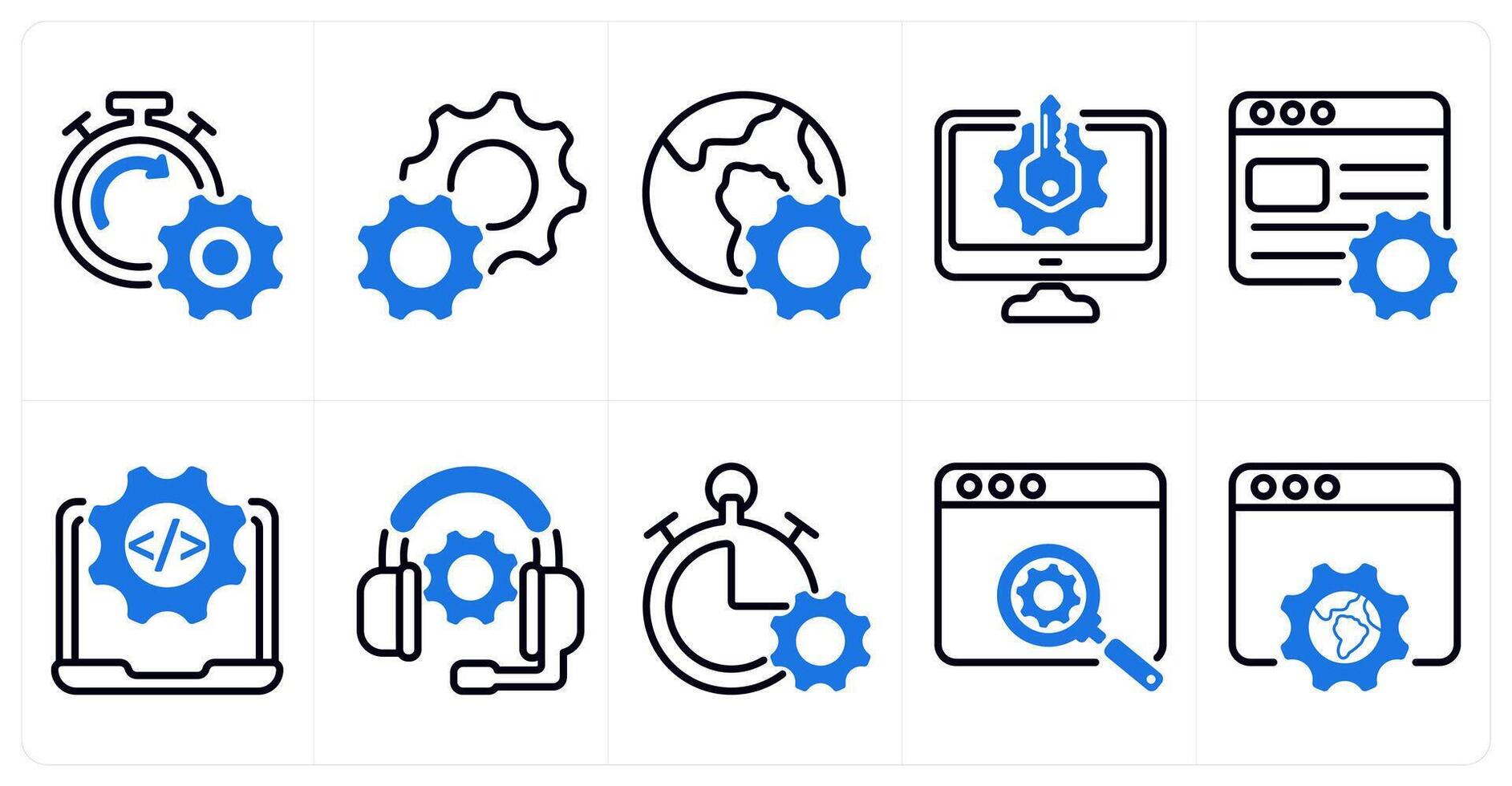 A set of 10 business and seo icons as seo performance, settings, browser optimization in blue color vector