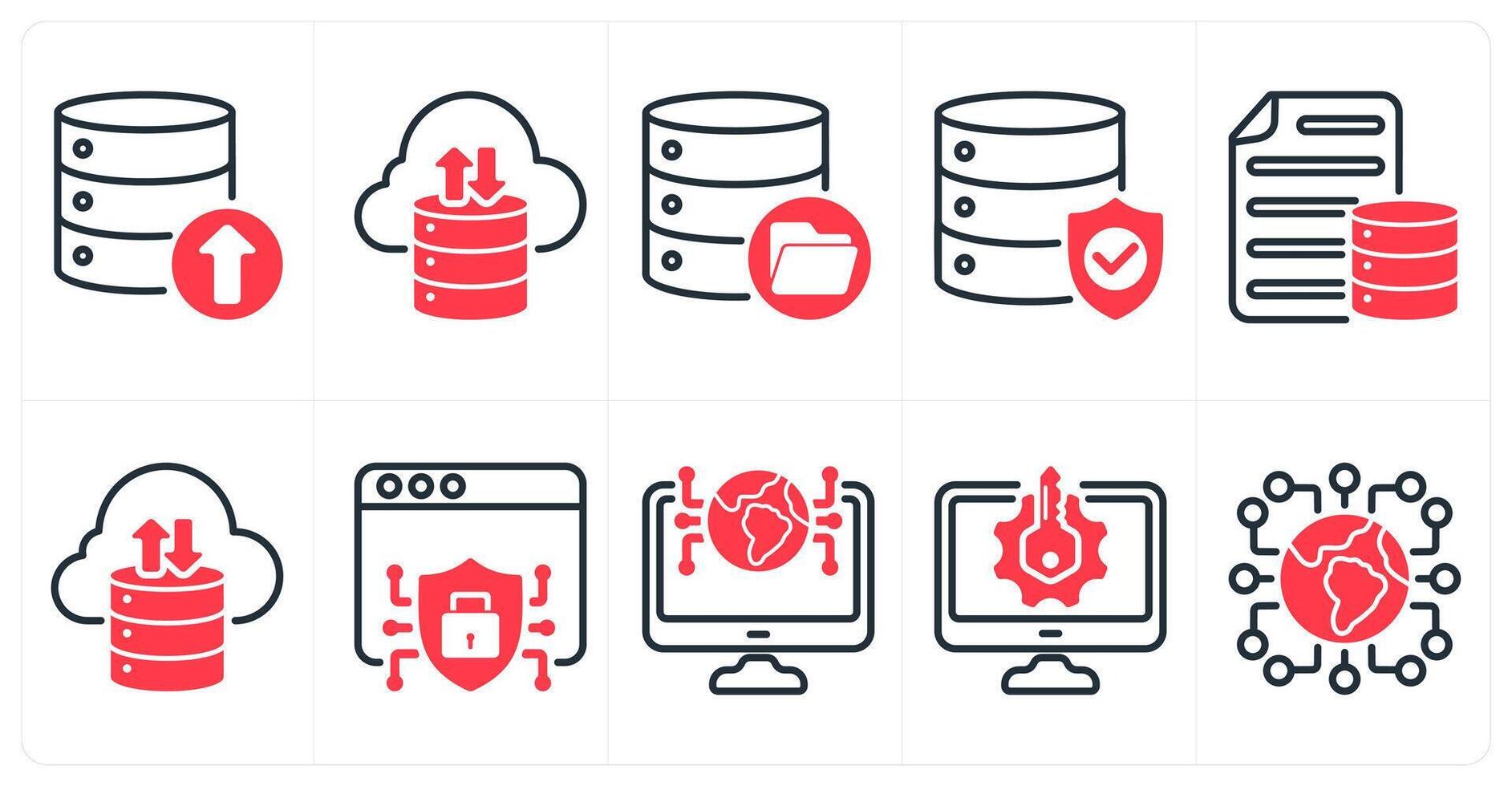 A set of 10 seo icons as backup, storage, data storage, database protection in red color vector