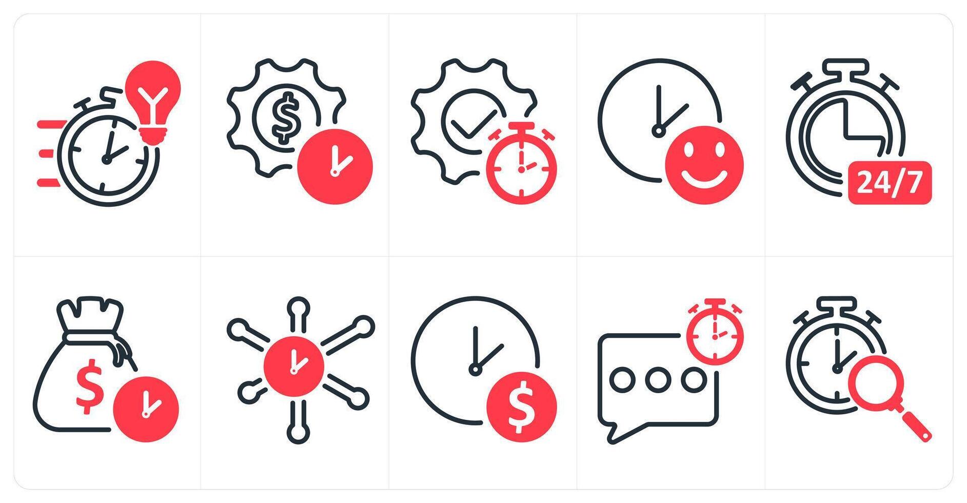 A set of 10 business icons as quick solution, investment time plan, productivity in red color vector