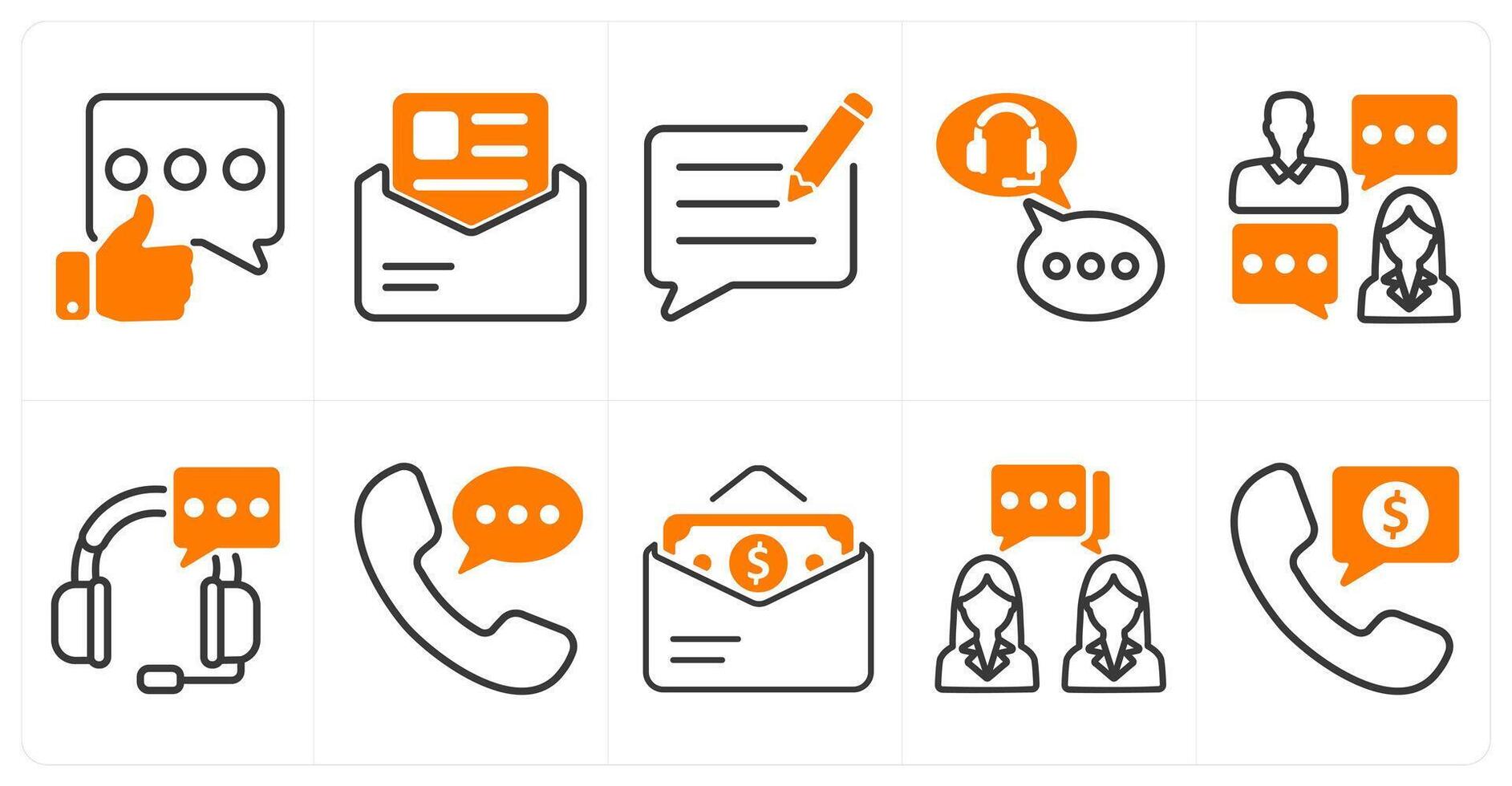 A set of 10 business icons as positive feedback, job letter, write feedback in orange color vector