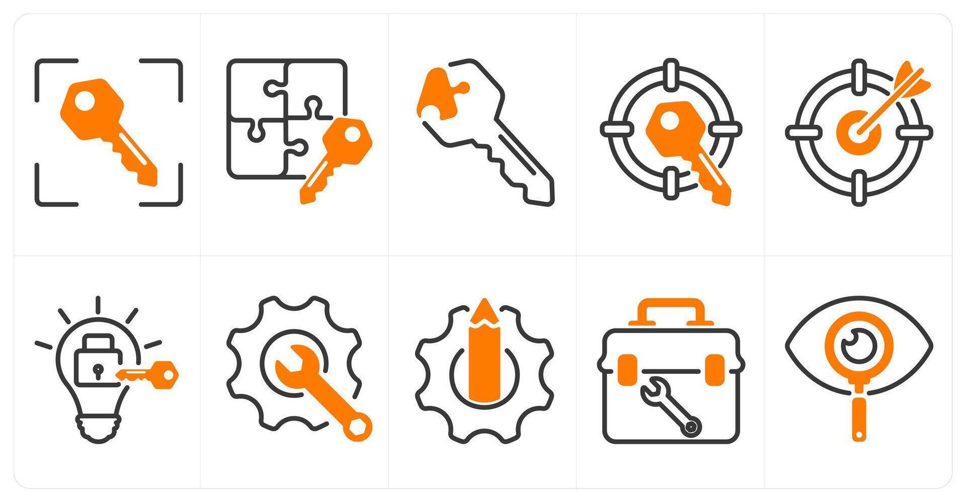 A set of 10 business icons as target key, business key, solution key in orange color vector