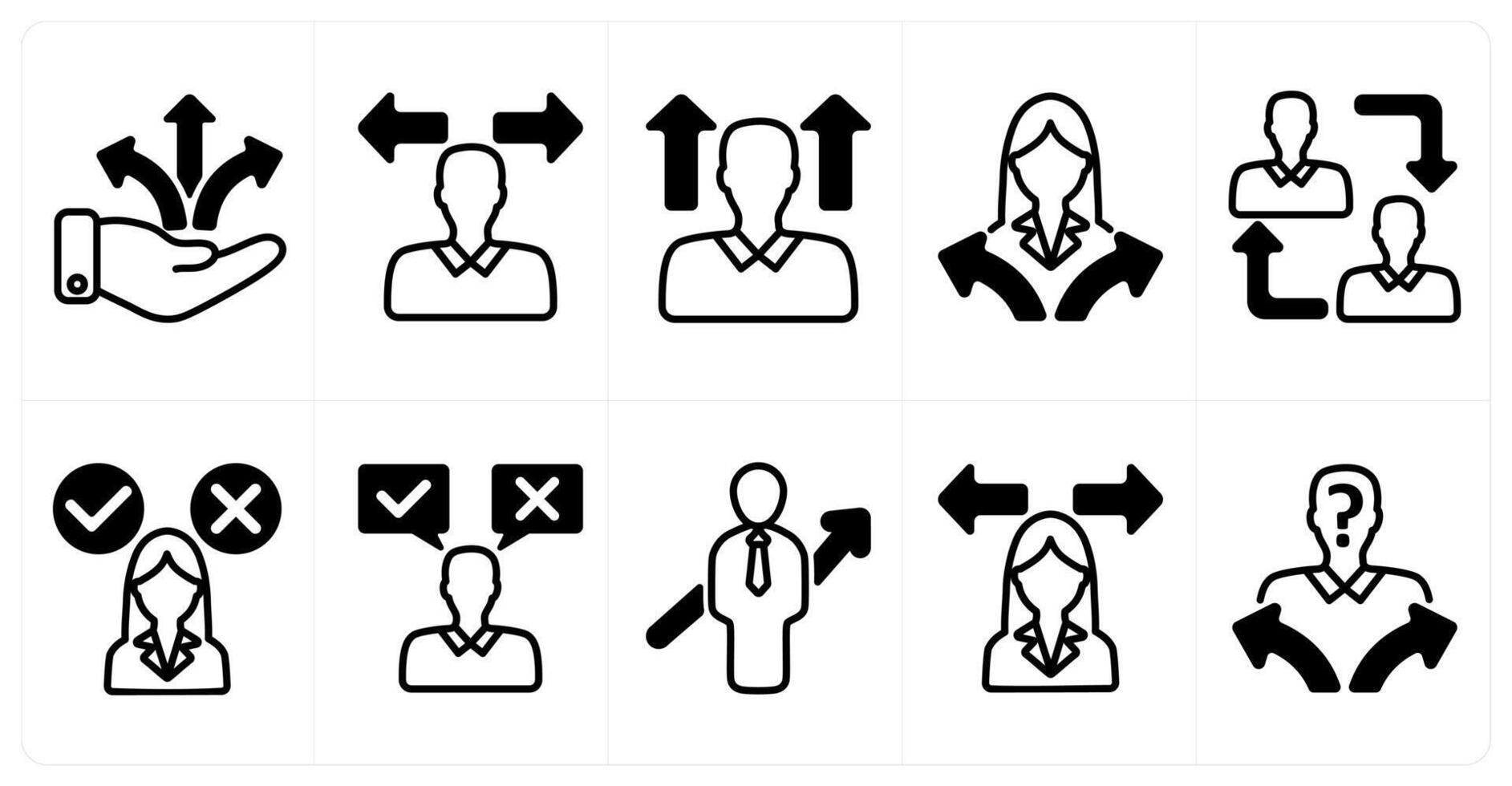 A set of 10 business icons as business direction, confusion, career vision, employee change in black color vector