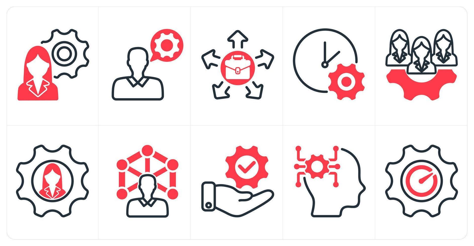 A set of 10 business icons as confusion in decision making, technical support, job oppurtunity in red color vector