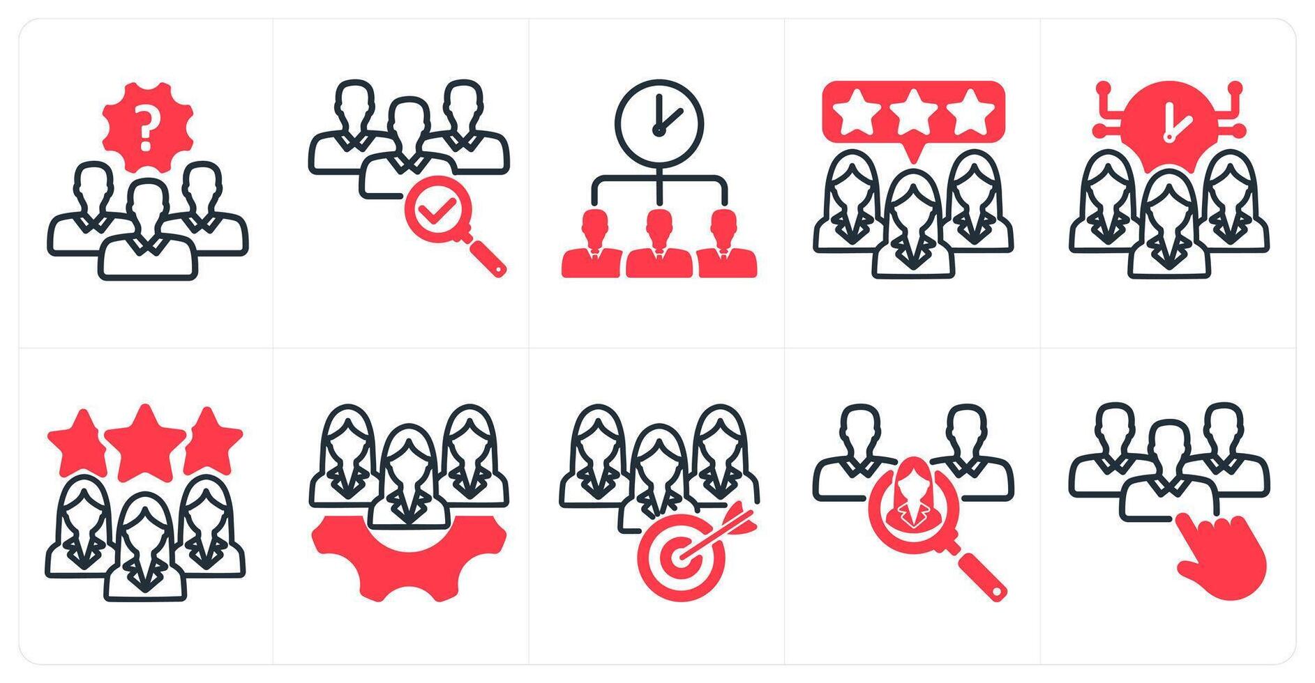 A set of 10 business icons as problem solving team, recruitment, time sharing in red color vector