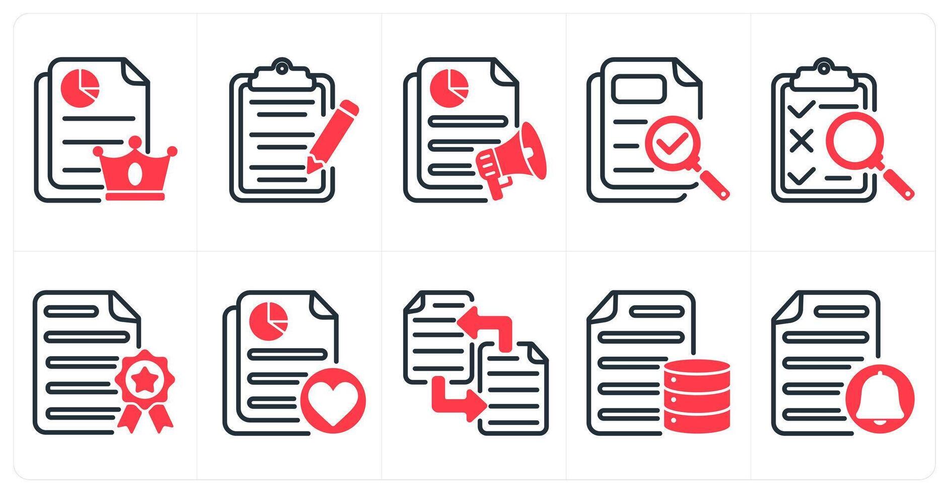 A set of 10 seo icons as high quality content, content editing, advertising report in red color vector