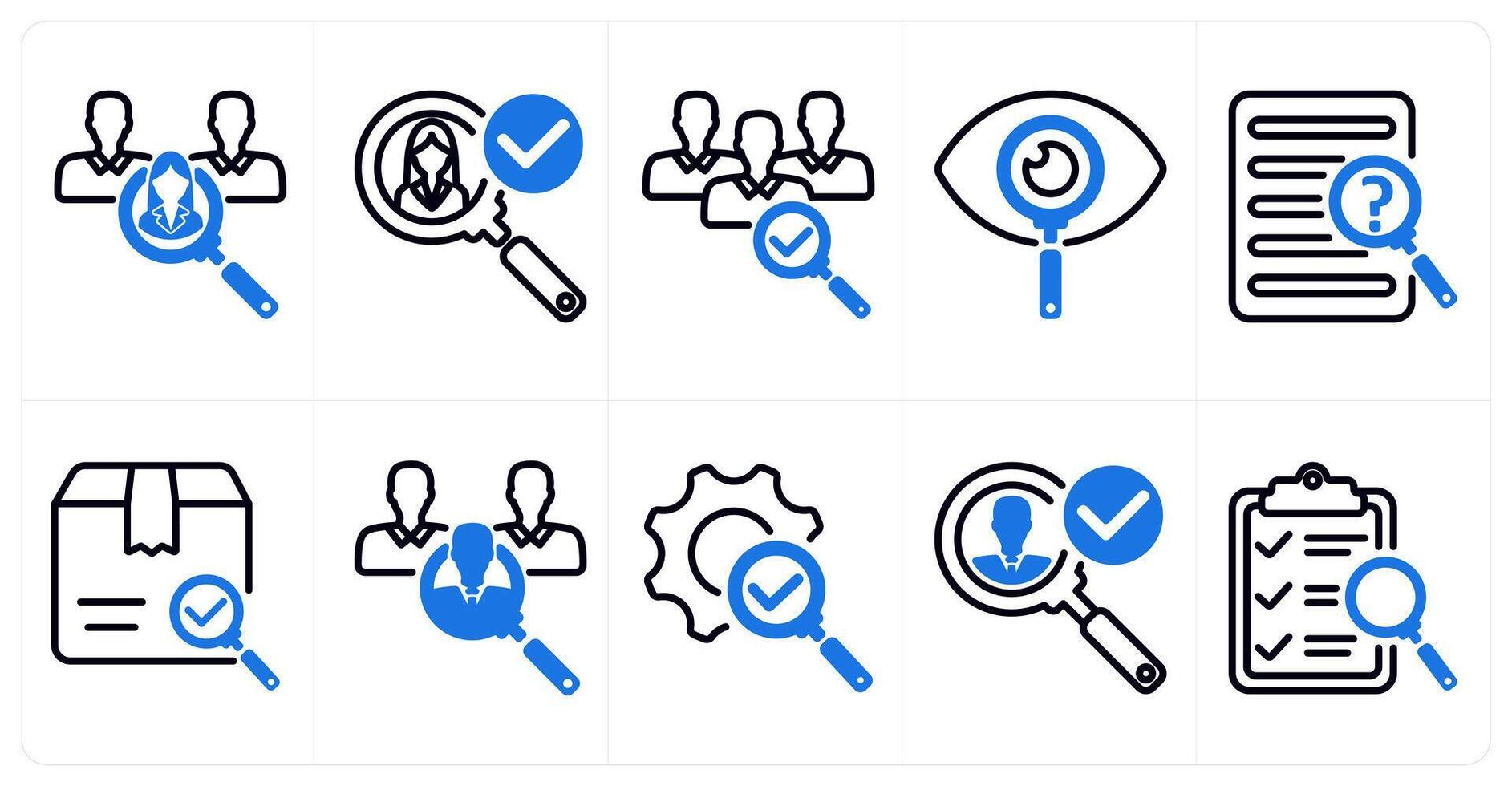 A set of 10 business icons as recruitment, find candidate, exploration in blue color vector