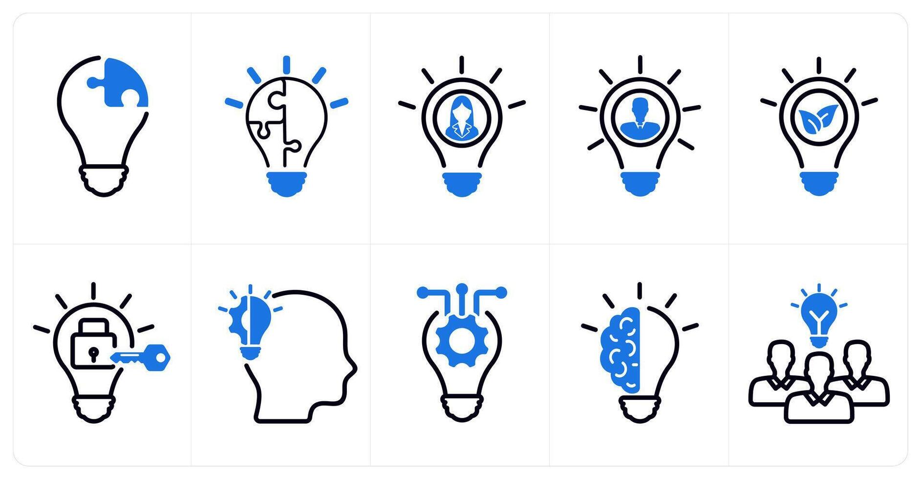 A set of 10 business icons as creative solution, innovation, enterpreneur in blue color vector