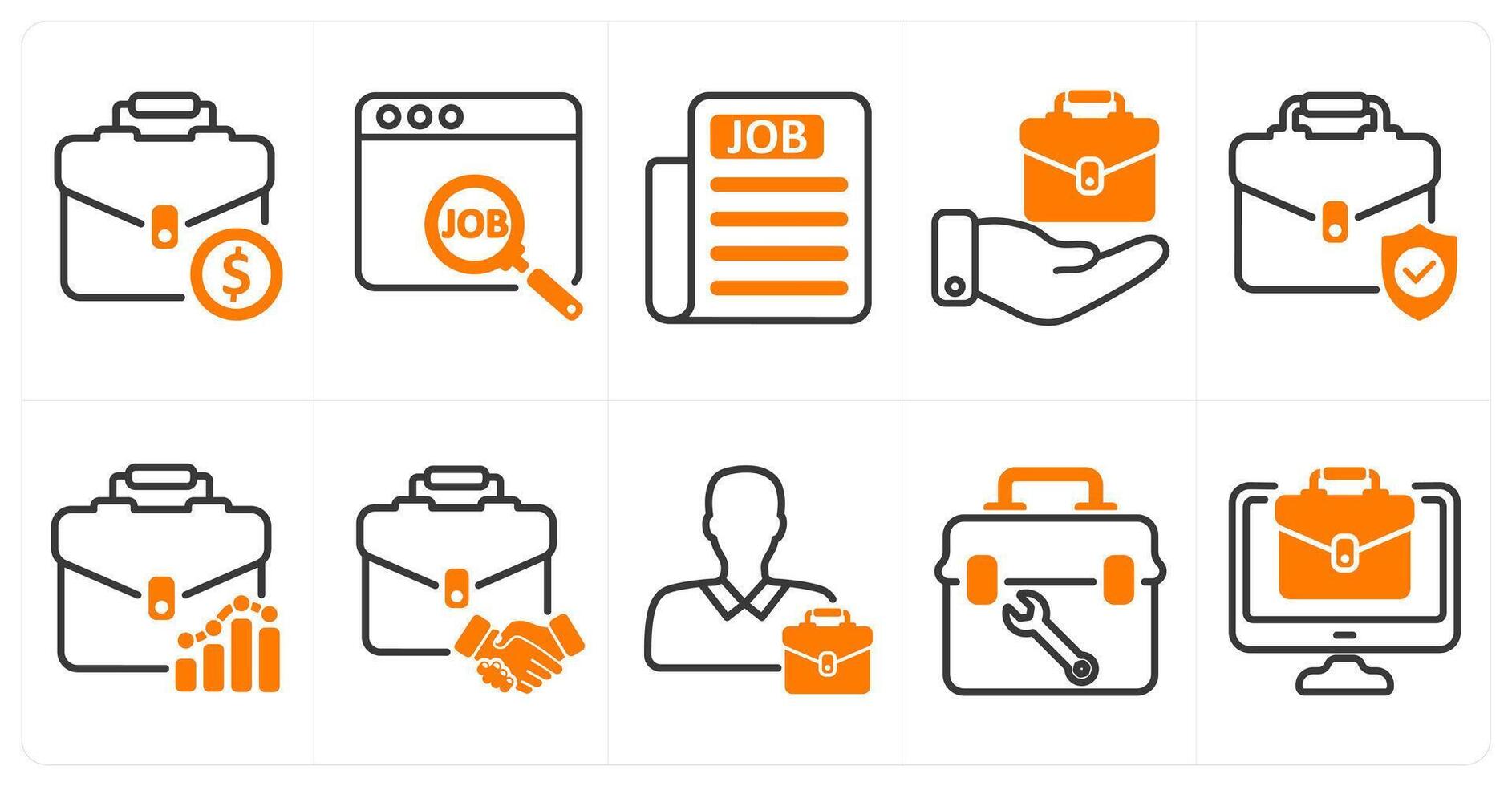 A set of 10 business icons as work, job, job newspaper in orange color vector