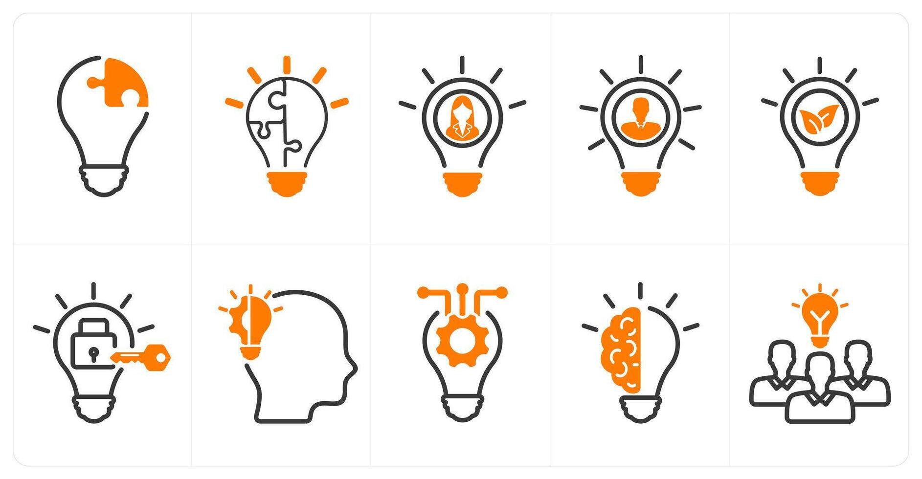 A set of 10 business icons as creative solution, innovation, enterpreneur in orange color vector