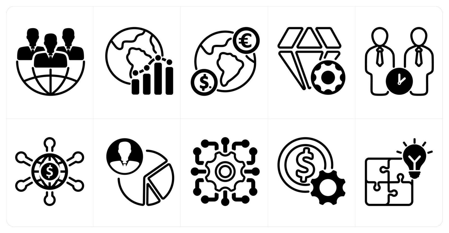 A set of 10 business icons as global business, global report, global currency in black color vector
