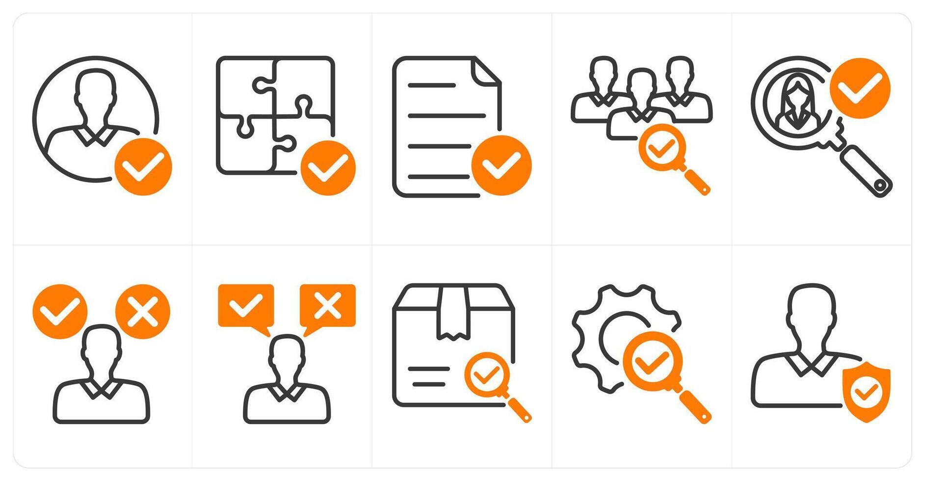 A set of 10 business icons as account approved, solution plan, verified file in orange color vector