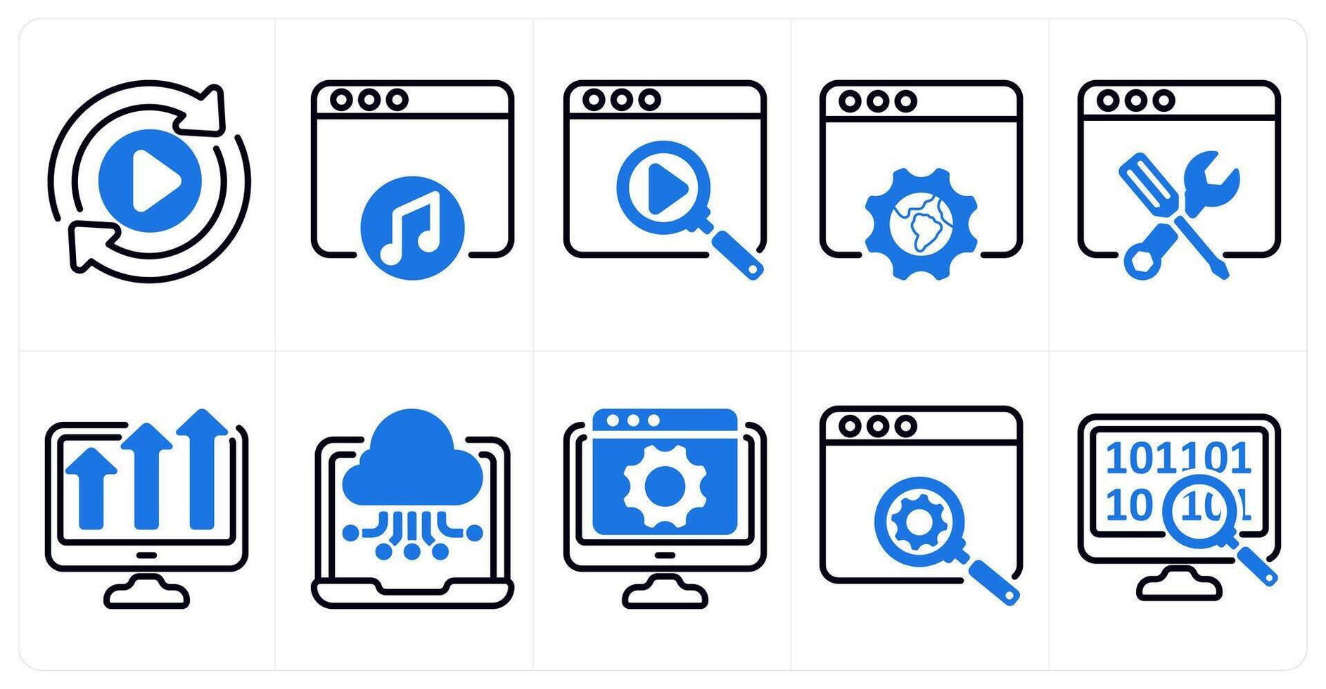 A set of 10 seo icons as convert, online music, search in blue color vector