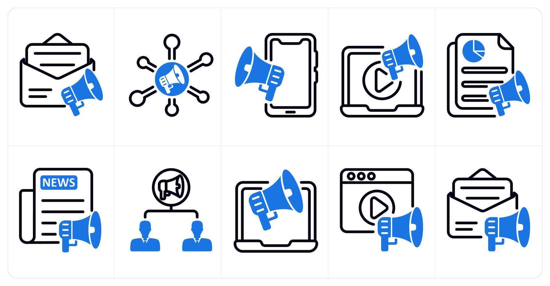 A set of 10 seo icons as email advertising, marketing network, mobile advertising in blue color vector