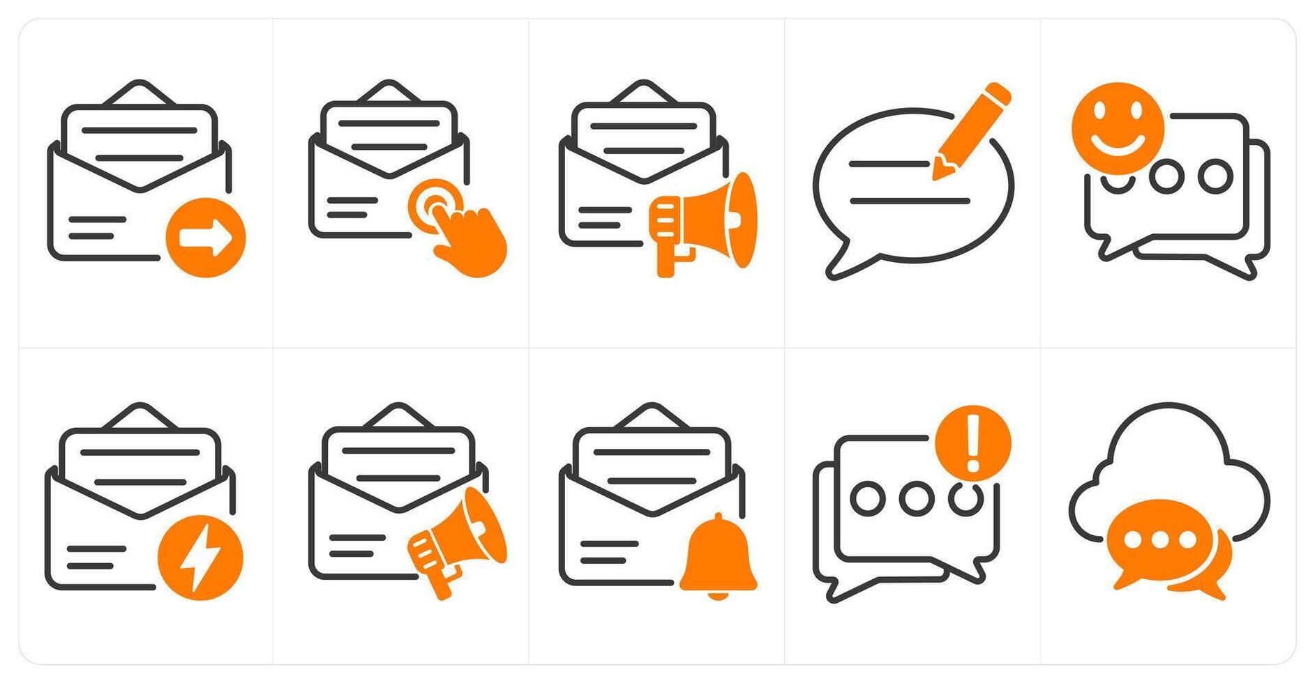 A set of 10 seo icons as email send, email subscription, email marketing in orange color vector