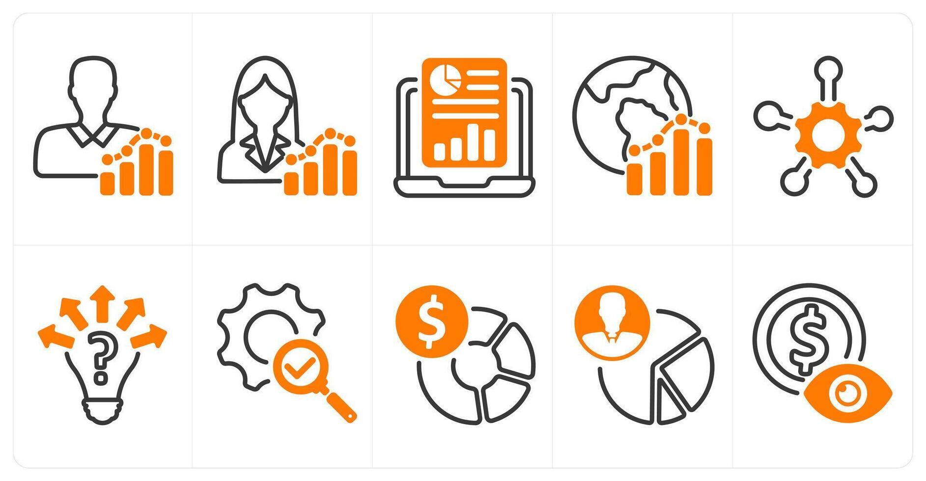 A set of 10 business icons as employee report, online report, global report in orange color vector