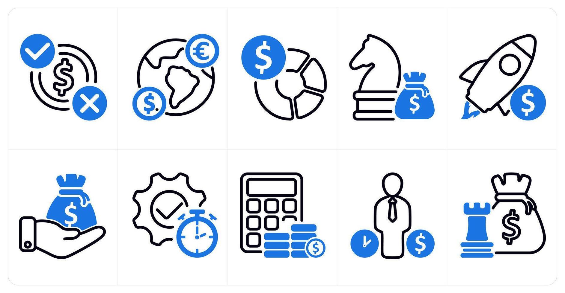 A set of 10 business icons as money setting, global currency, budget planning in blue color vector