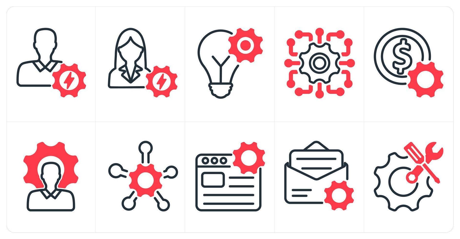 A set of 10 business and seo icons as efficient person, efficient person, idea development in red color vector