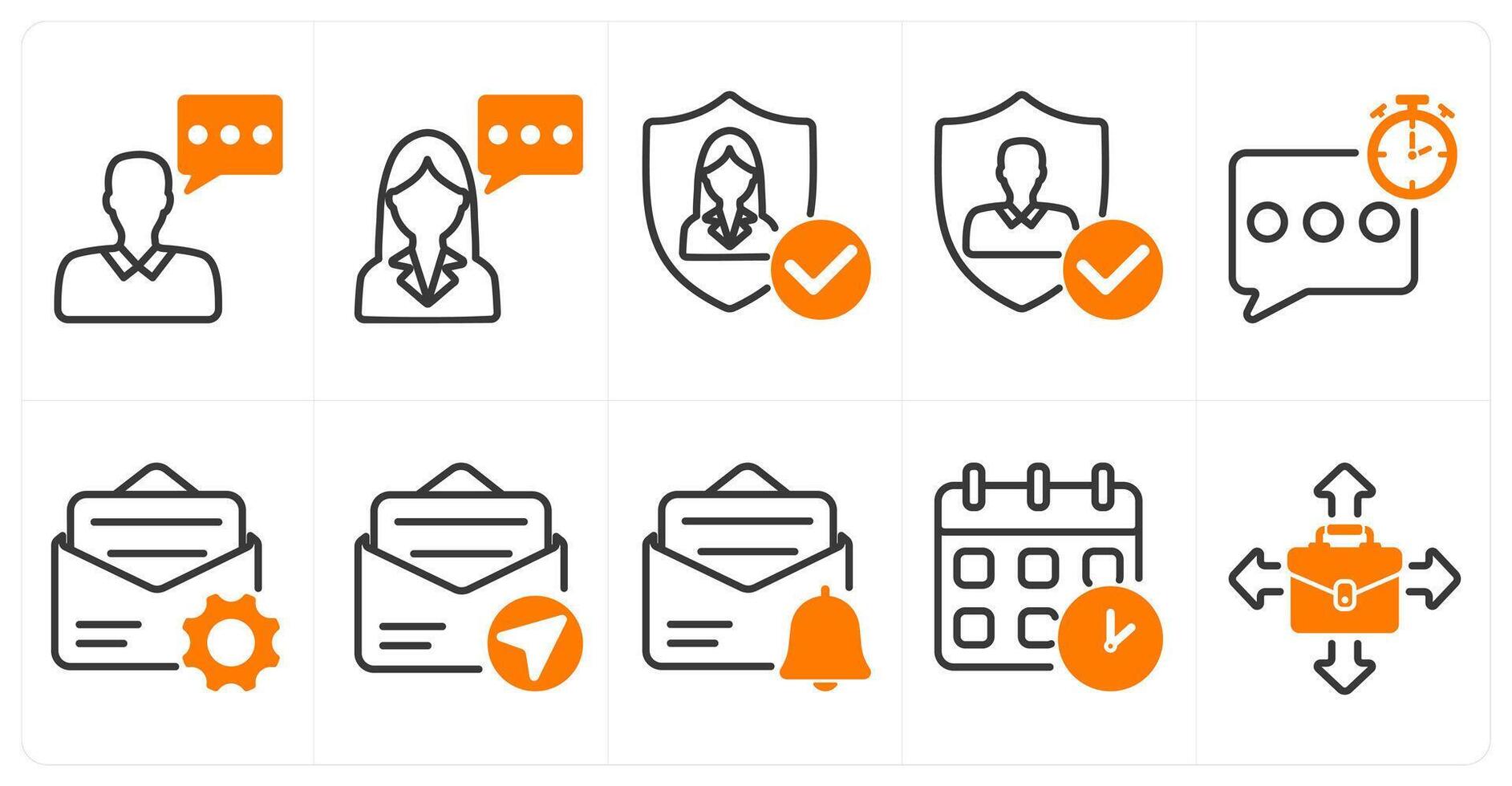 A set of 10 business icons as consultant, user protection, quick response in orange color vector