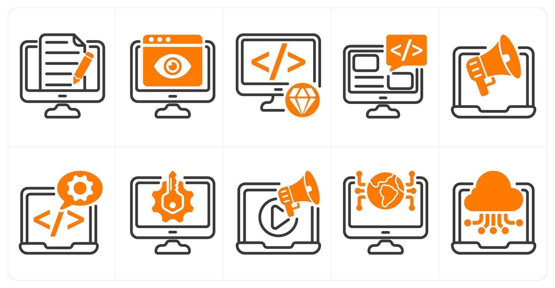 A set of 10 seo icons as content writing, online viewer, clean code in orange color vector