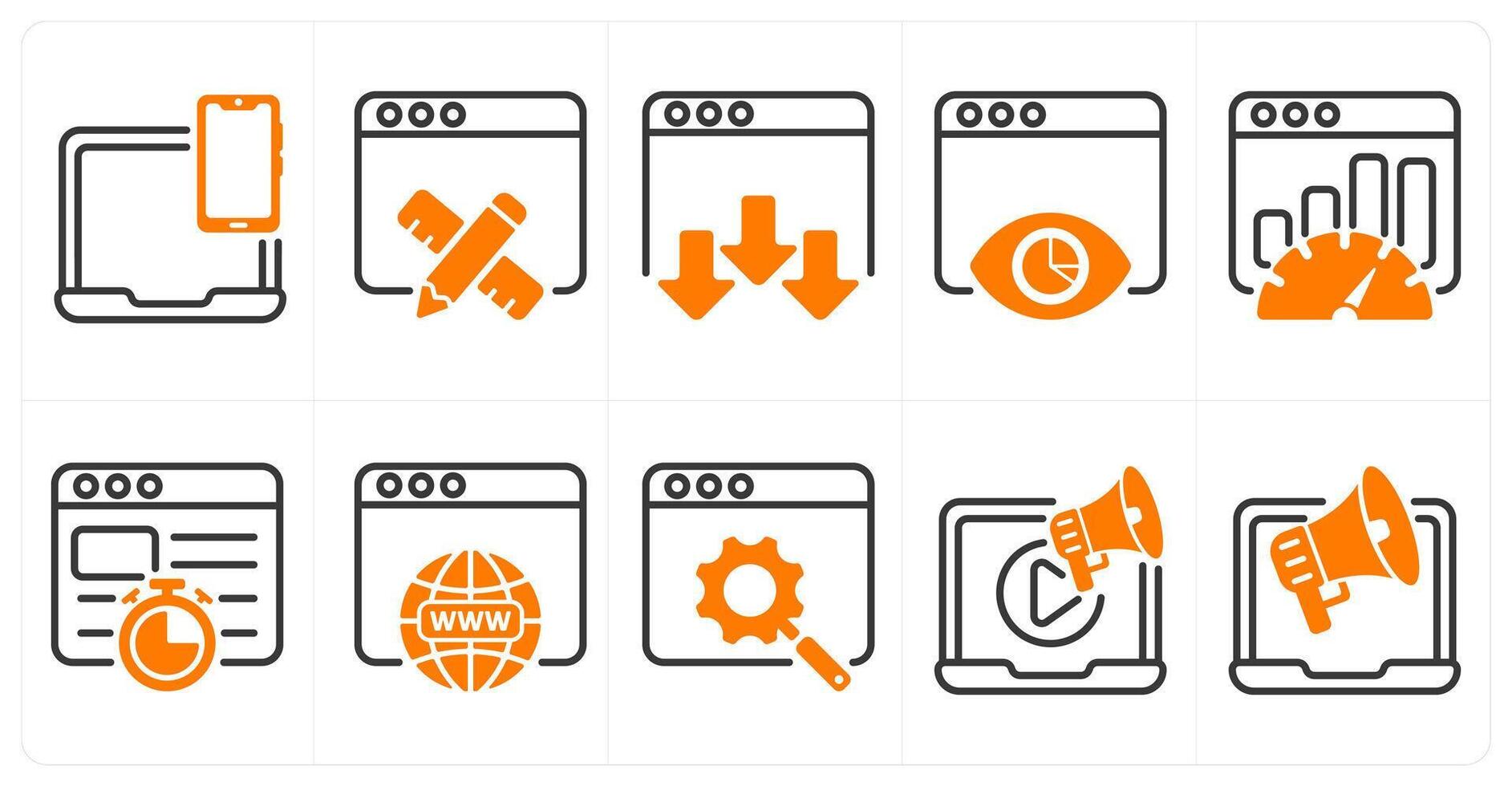 A set of 10 business and seo icons as responsive design, web design, landing page vector