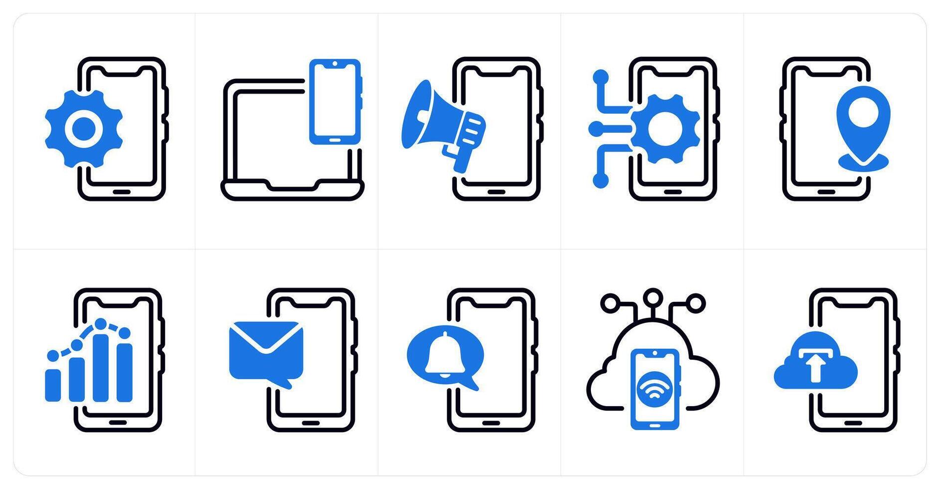 A set of 10 business and seo icons as mobile option, responsive design, mobile advertising, mobile technology in blue color vector
