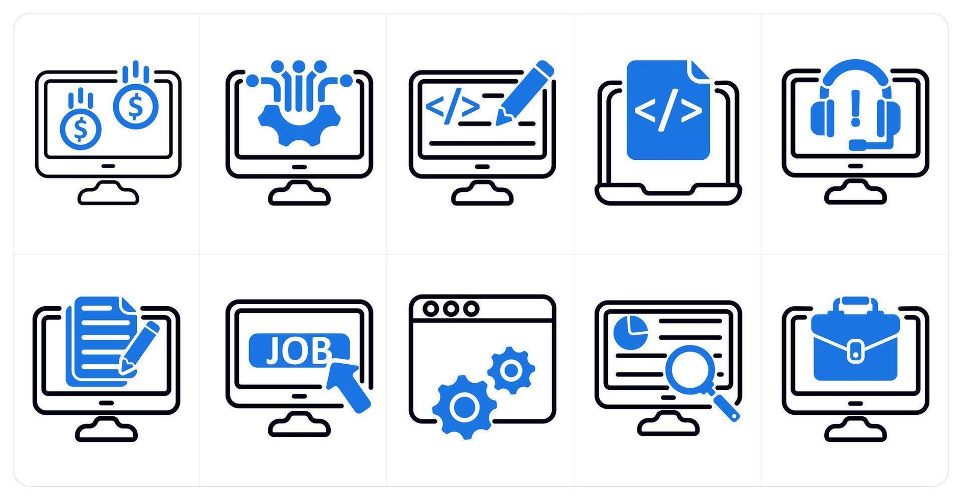 A set of 10 business icons as online earning, computer technology, web designing in blue color vector